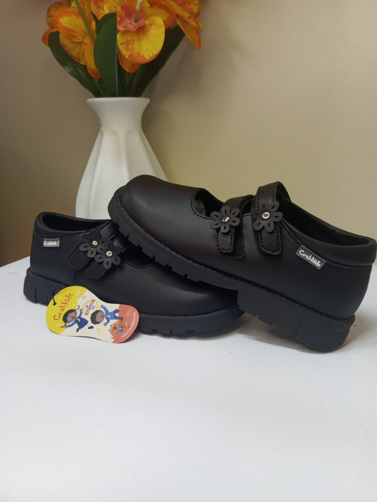 CrabKids Black Double Flower School Shoe